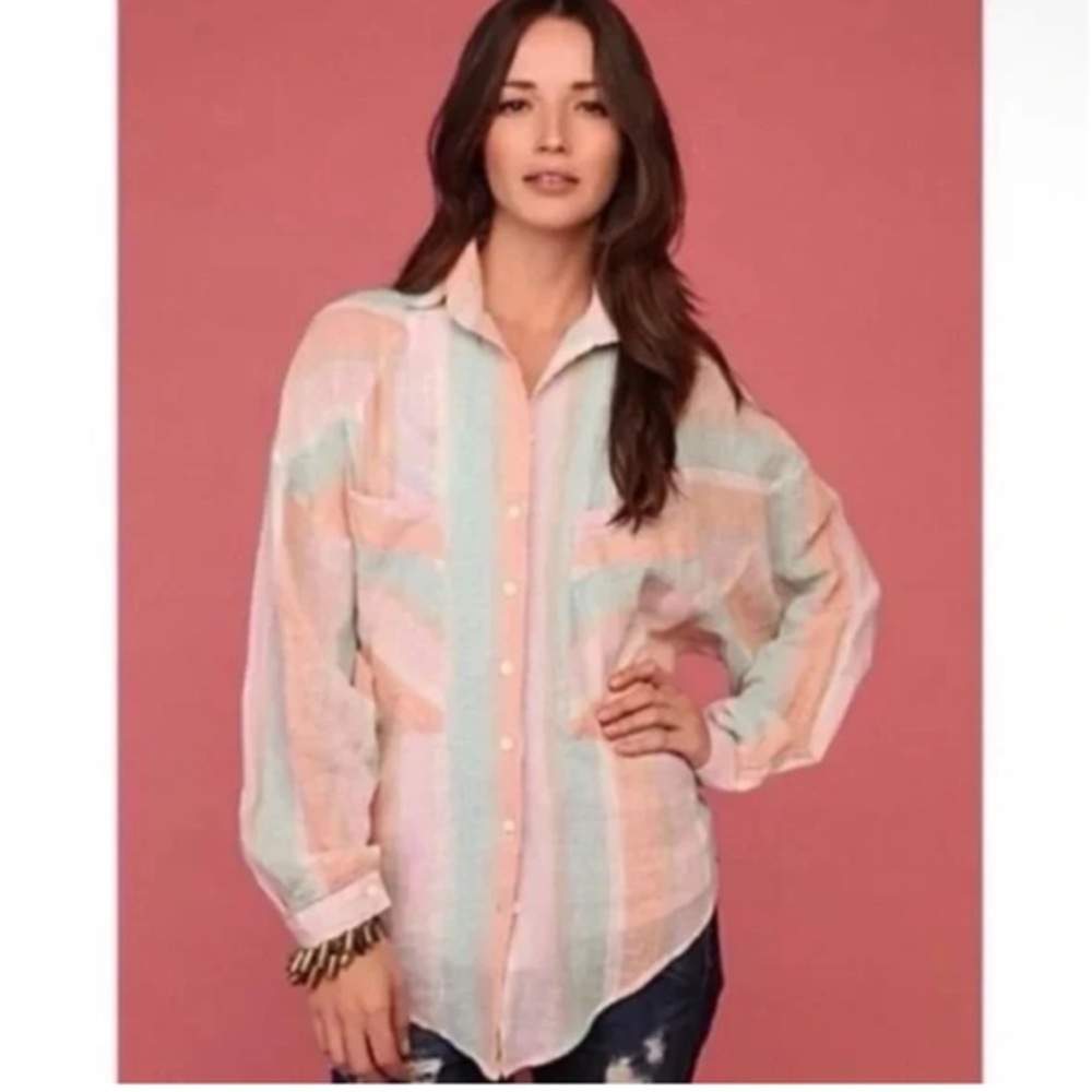 Free People Pastel Stripe‎ Linen Blend Shirt